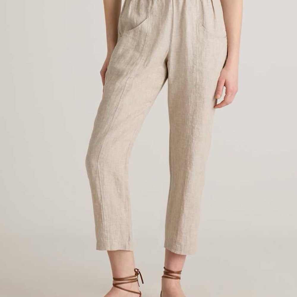 Quince Oatmeal Flax 100% European Linen Tapered Ankle Pants Beach Coastal